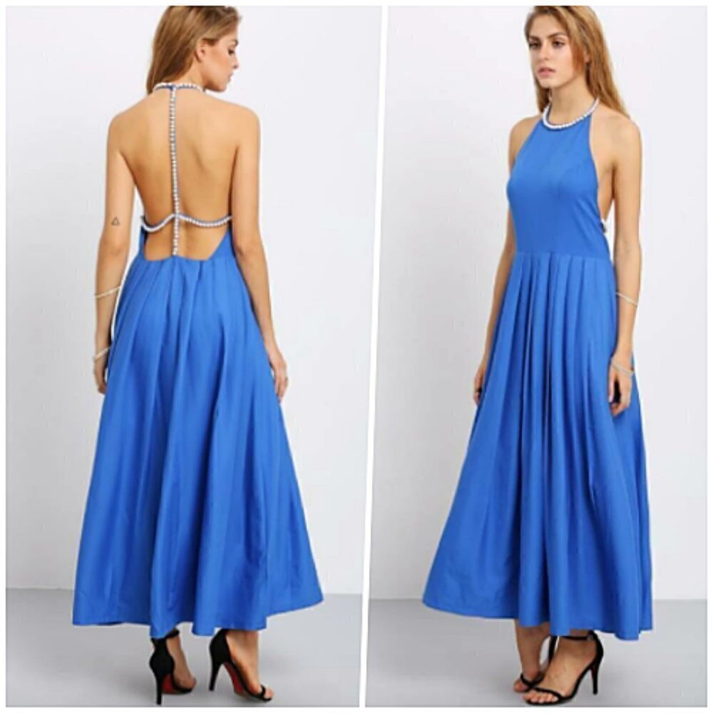Pearl Neck Backless Halter Sexy Long Dress Blue XS